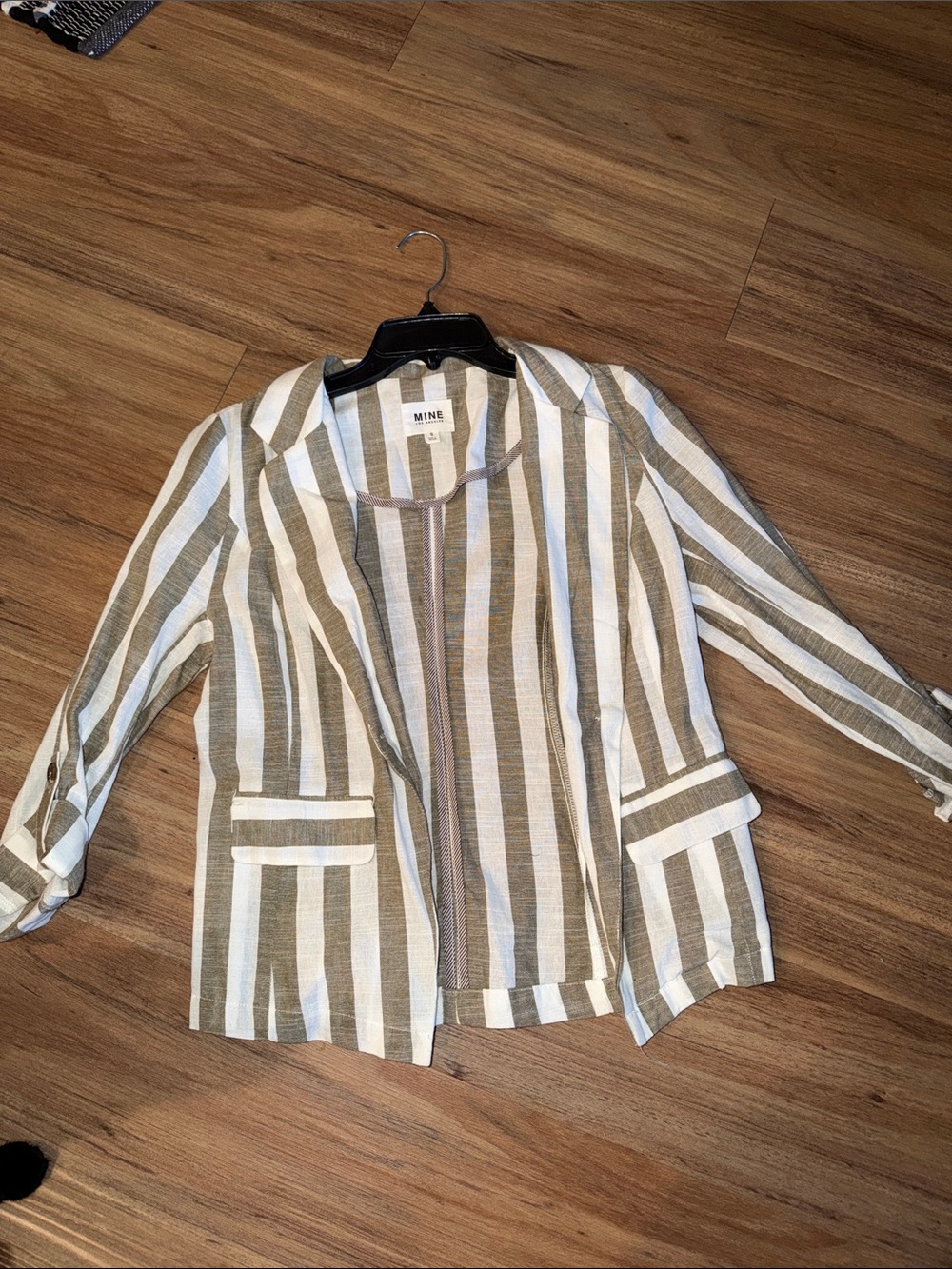 MINE Striped Open-Front Blazer in White and Olive Green